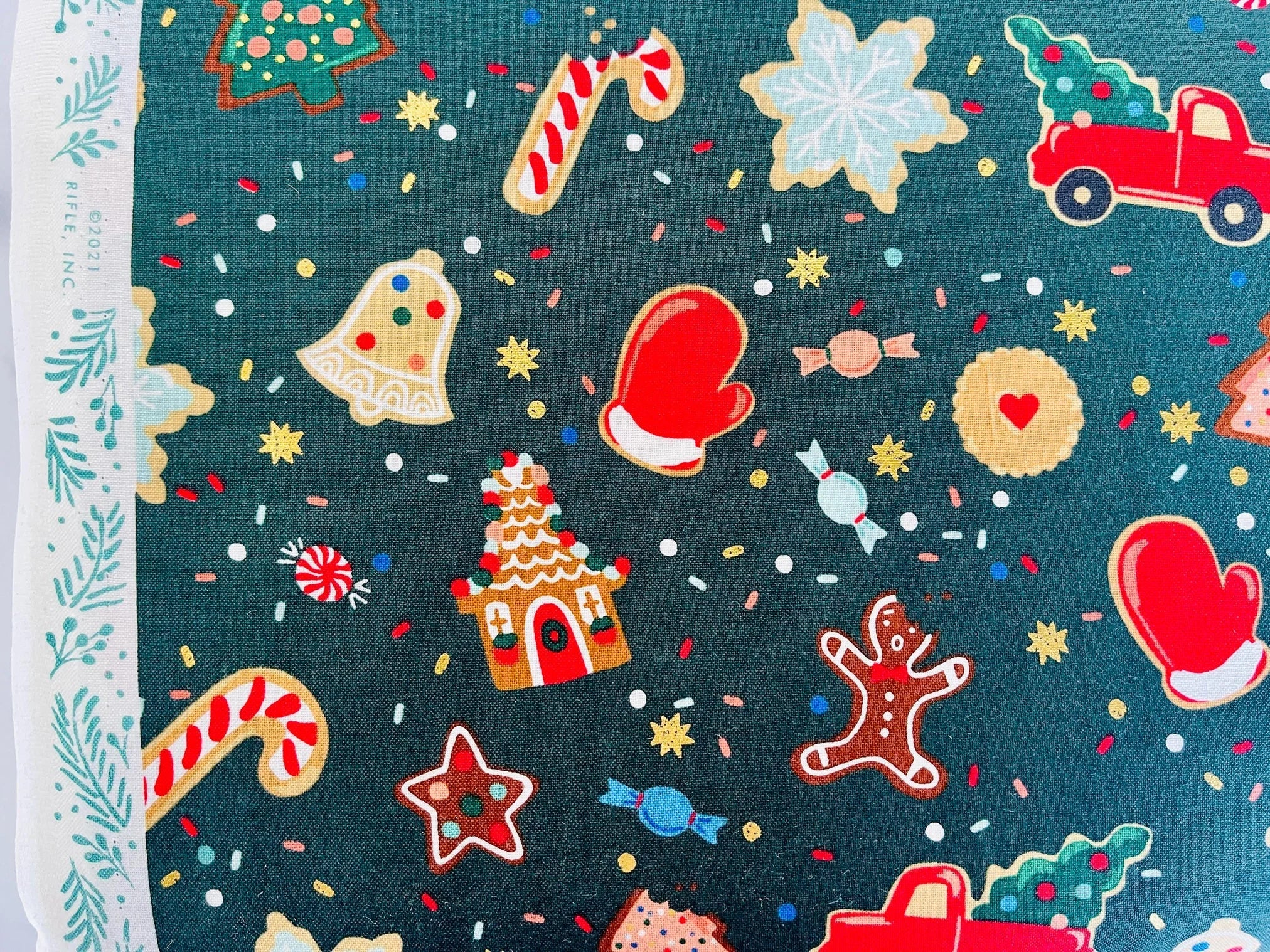 Christmas Cookies-Evergreen Metallic Fabric-Holiday Classics-Rifle Paper Co-Cotton+ Steel-RP617-EV1M