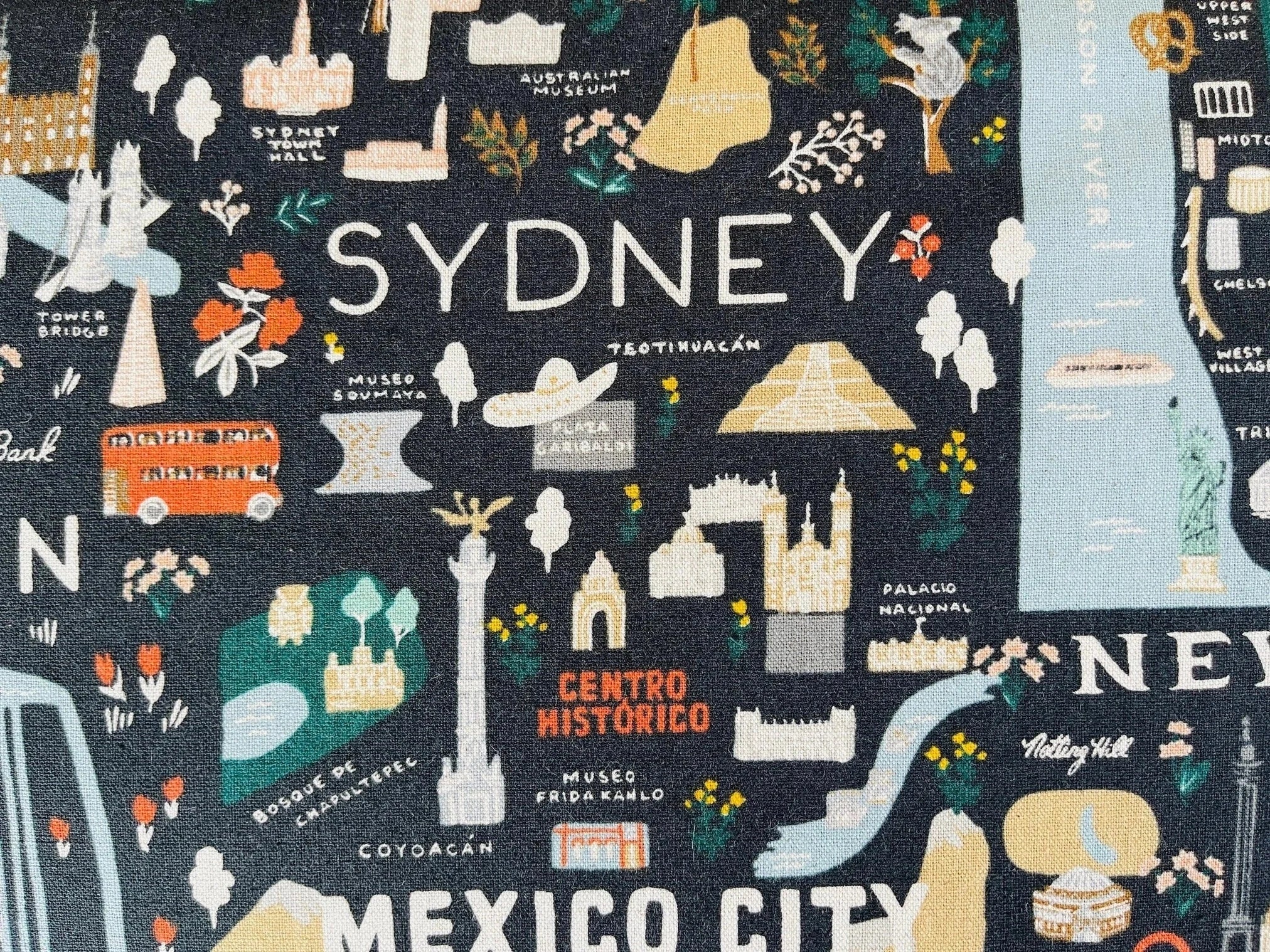 Bon Voyage City Guide Black Unbleached Canvas Rifle Paper Co Fabric Cotton+ Steel Collection