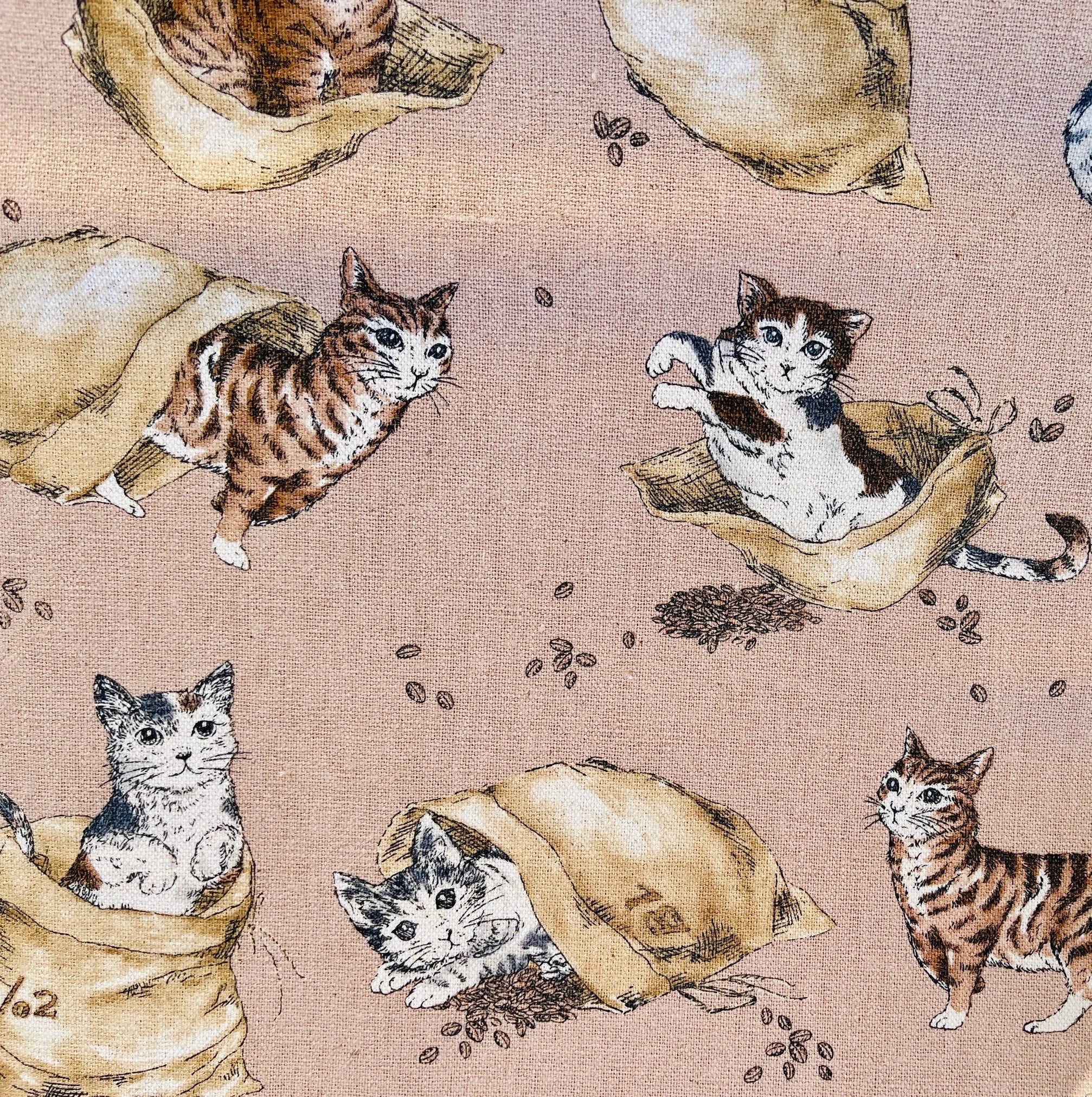 Cat - Coffee and Cats - Funny Cats - Kokka Fabric-Japanese Canvas Fabric.