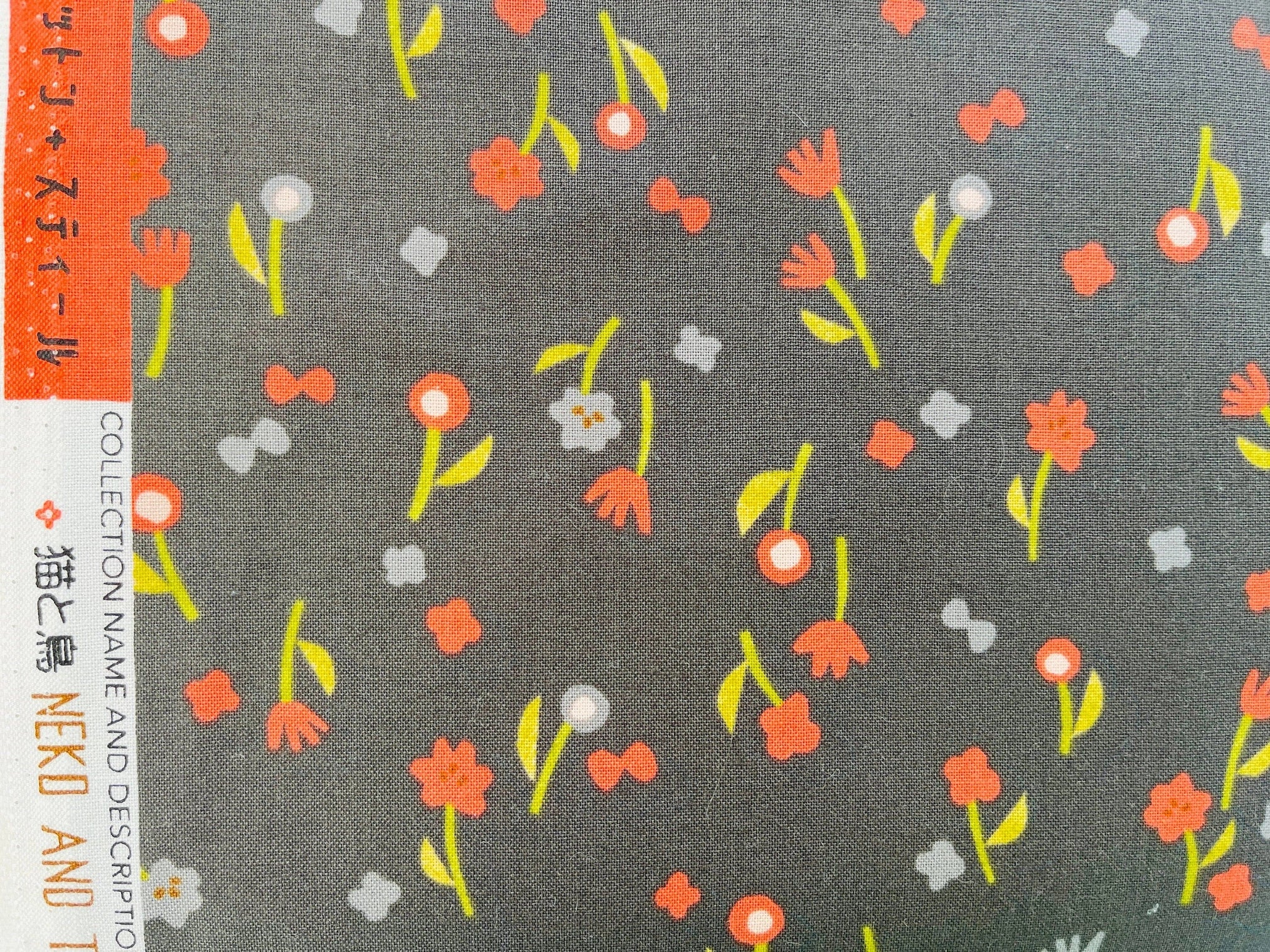 Neko and Tori-Flower Picking-Charcoal Fabric-Itsuko Naka-Cotton + Steel