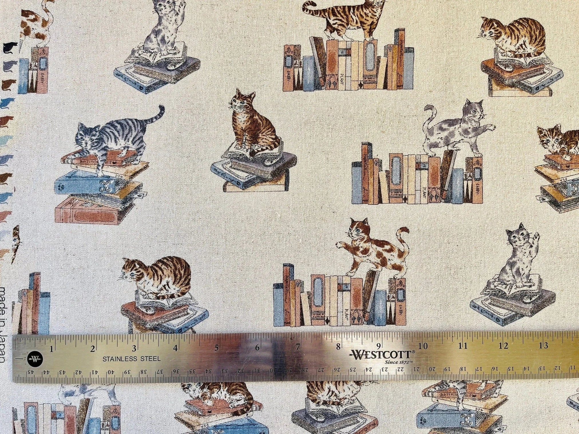 Cat - Cat Fabric - Cats and Books - Japanese Canvas Fabric