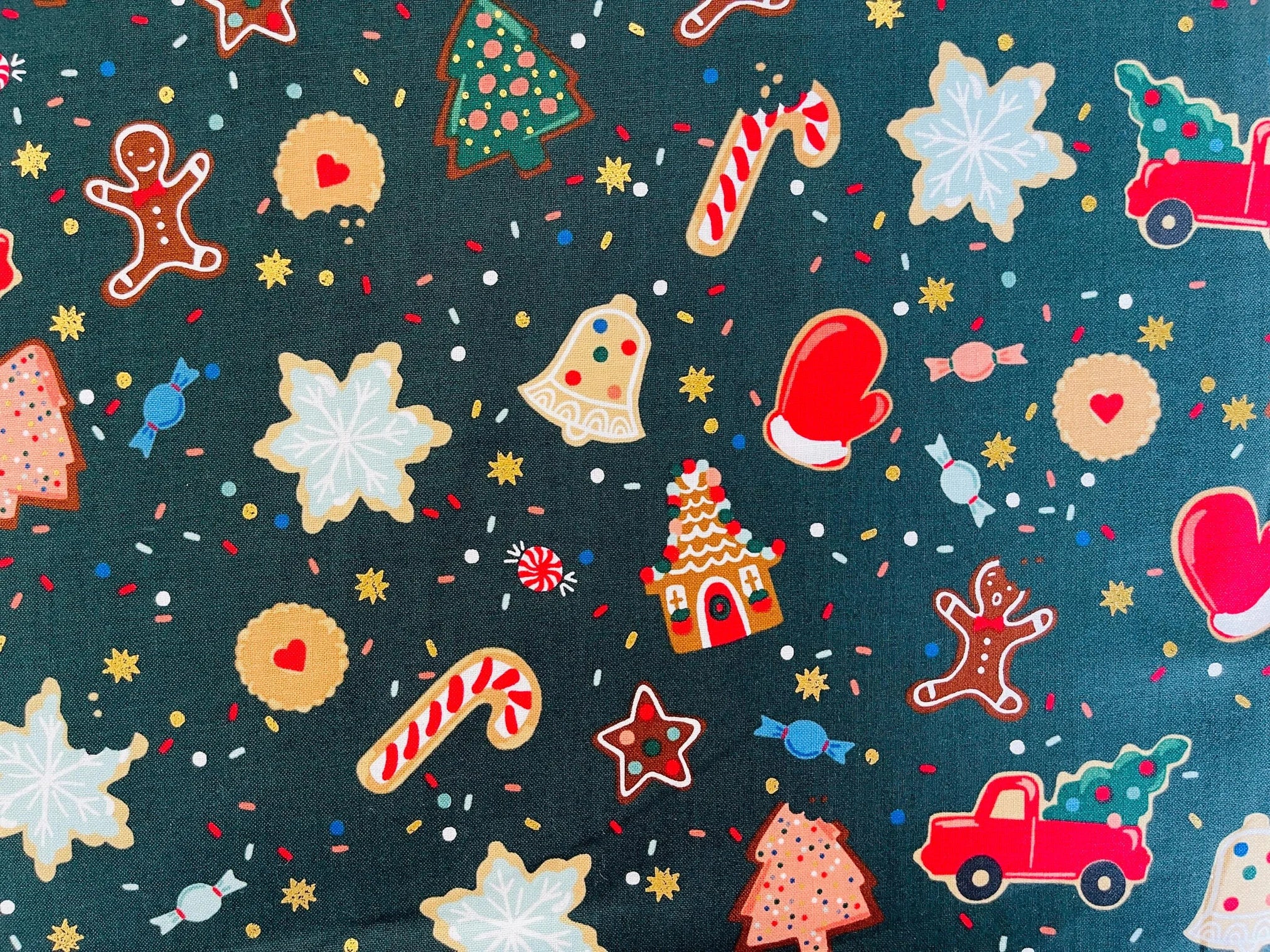 Christmas Cookies-Evergreen Metallic Fabric-Holiday Classics-Rifle Paper Co-Cotton+ Steel-RP617-EV1M