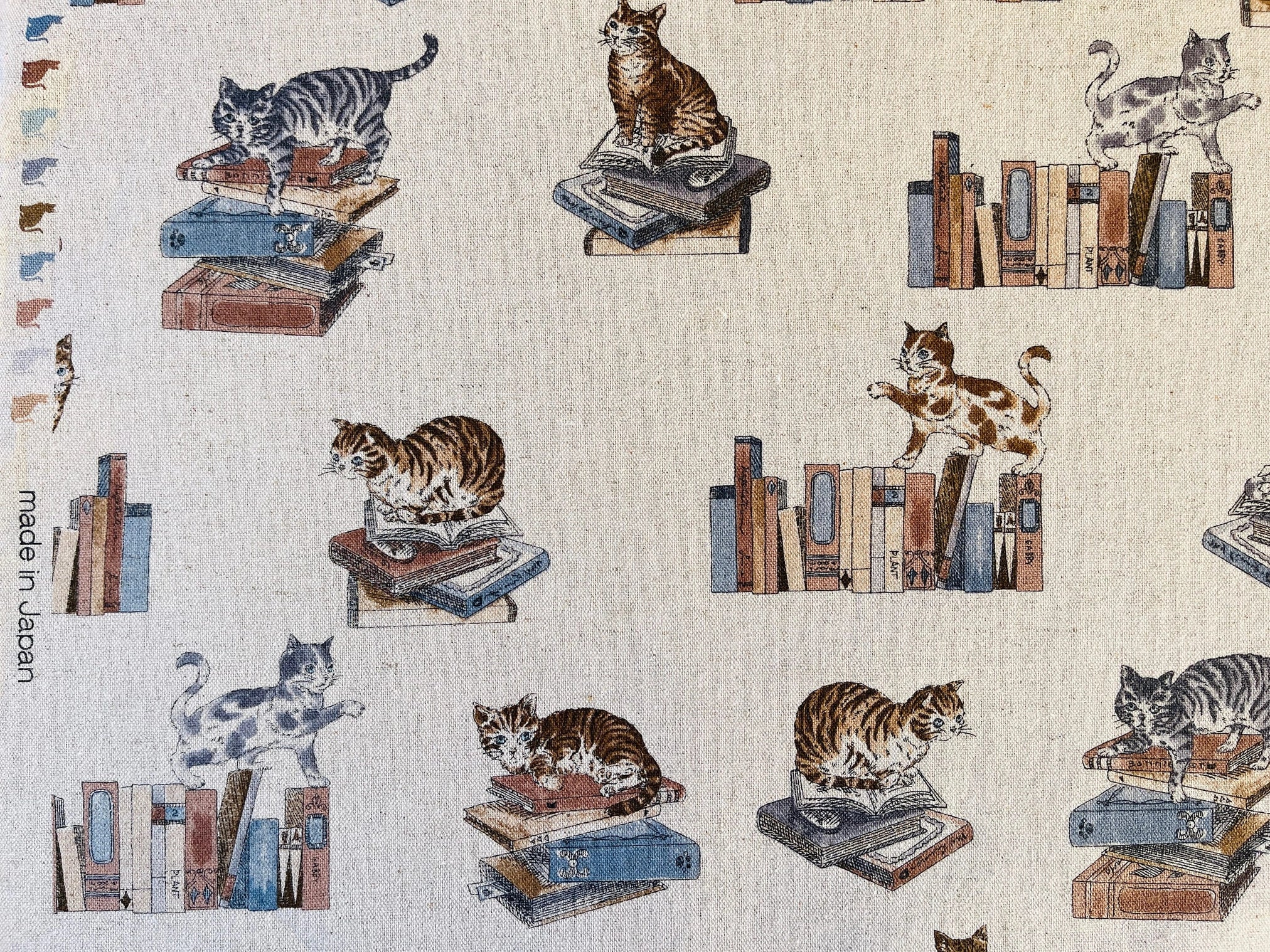 Cat - Cat Fabric - Cats and Books - Japanese Canvas Fabric