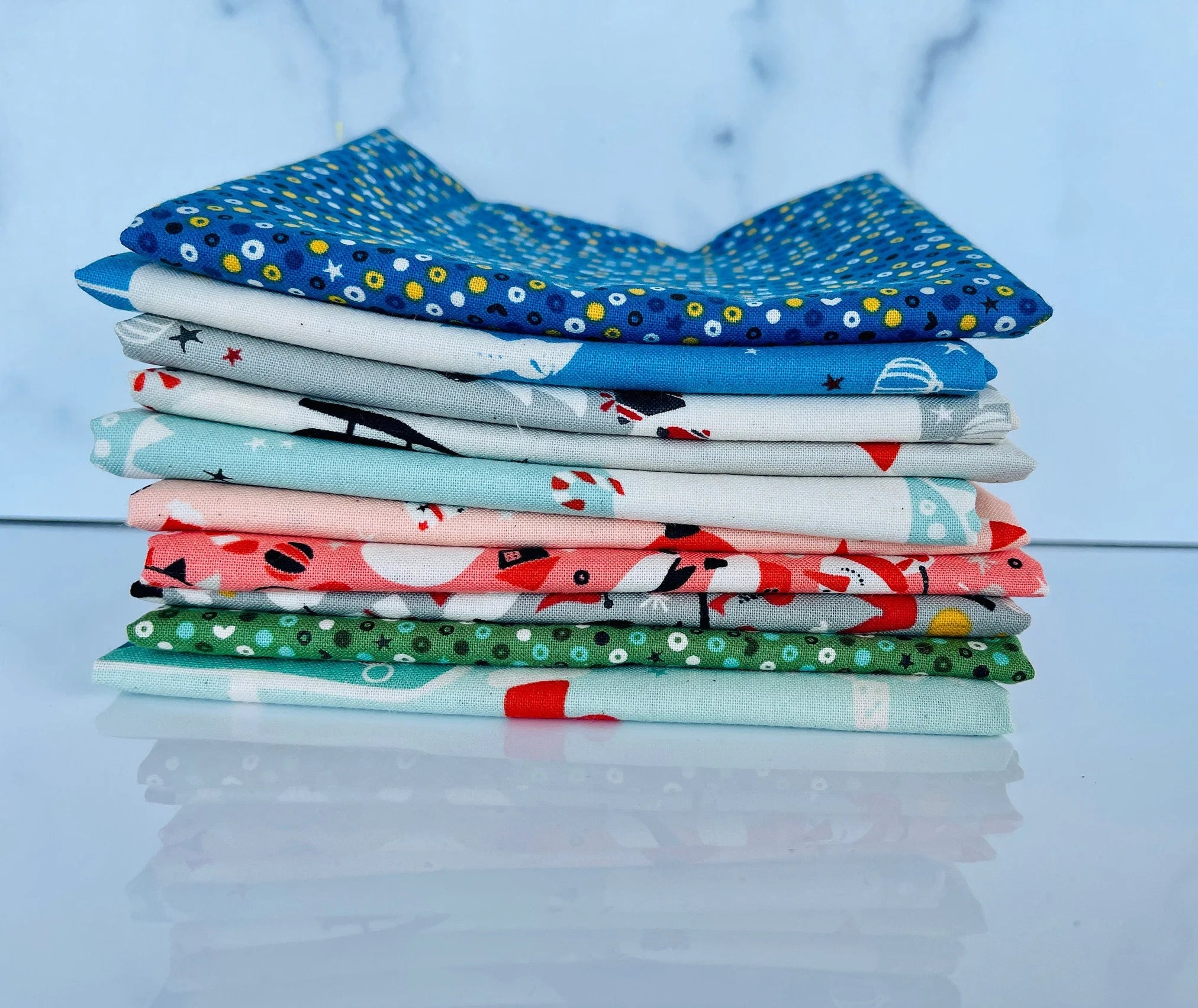 Waku Waku Christmas - Fat Quarter 10 pc Bundle - Red - Green - Blue - Cotton + Steel