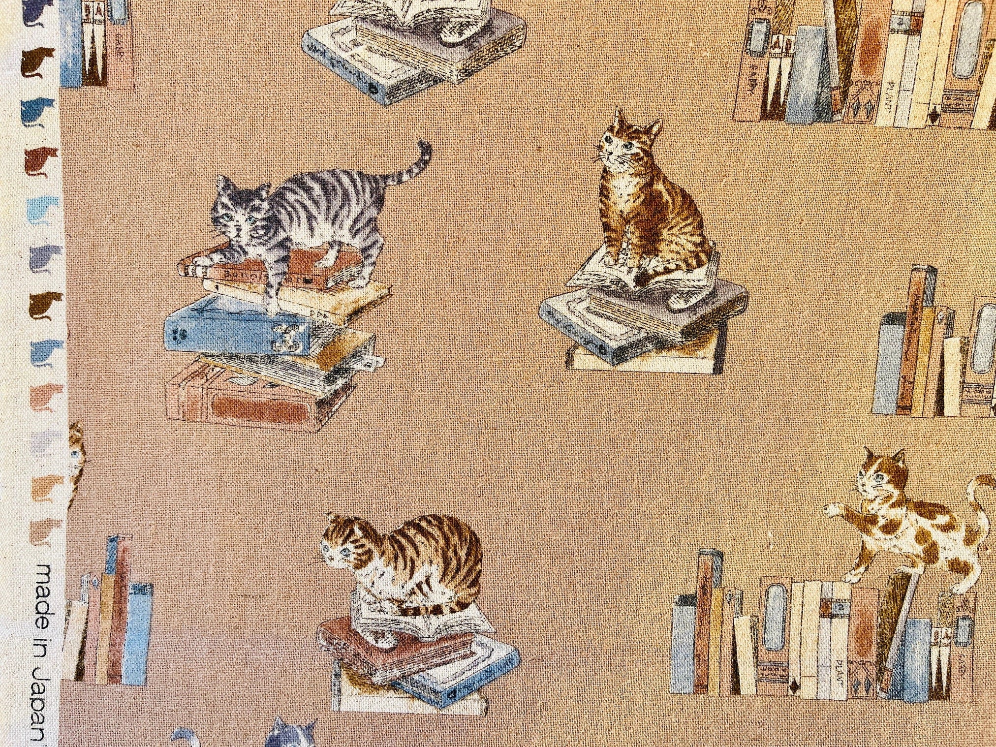 Cat - Cat Fabric - Cats and Books - Japanese Canvas Fabric