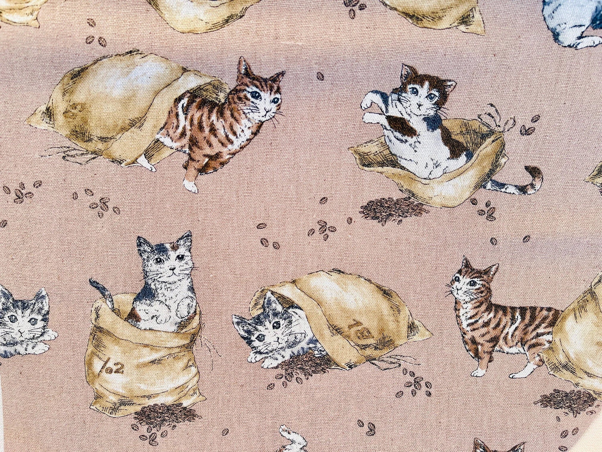 Cat - Coffee and Cats - Funny Cats - Kokka Fabric-Japanese Canvas Fabric.