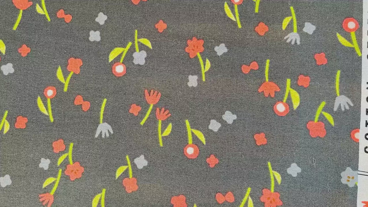 Neko and Tori-Flower Picking-Charcoal Fabric-Itsuko Naka-Cotton + Steel-IN103-CH3