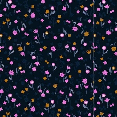 Neko and Tori - Flower Picking - Night Rayon Fabric - Black - Purple - Grey - Yellow - Itsuko Naka - Cotton+Steel - IN103-NI5R