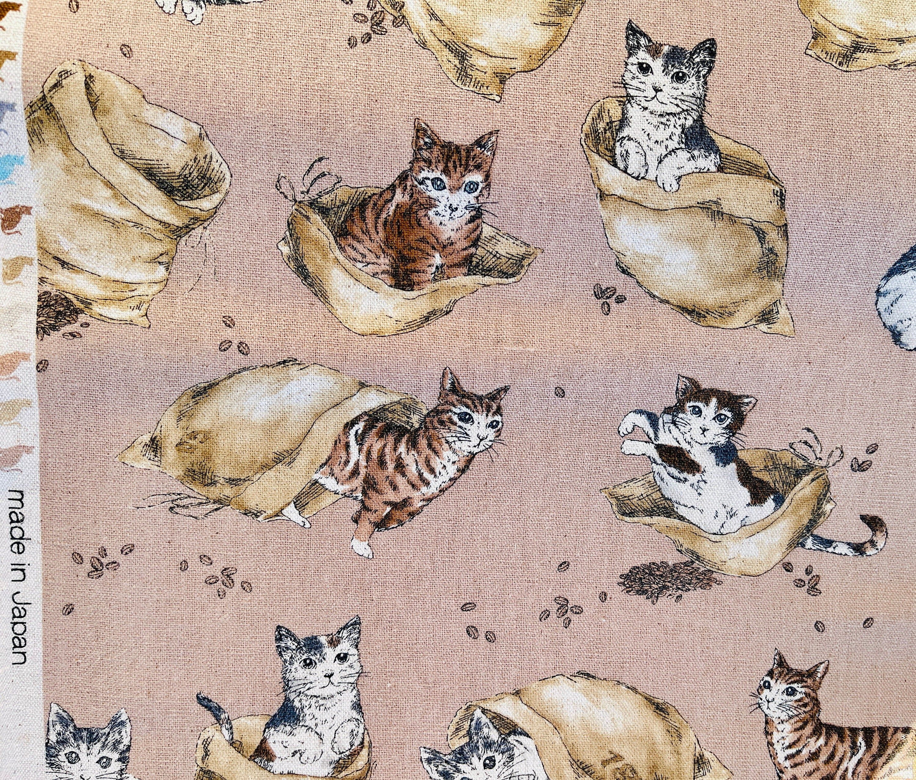 Cat - Coffee and Cats - Funny Cats - Kokka Fabric-Japanese Canvas Fabric.